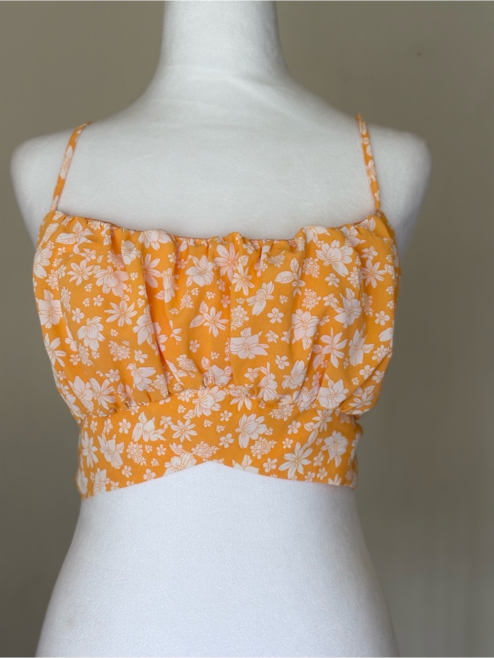 Women’s Floral Smocked Crop Spaghetti Straps Cami in Orange and White